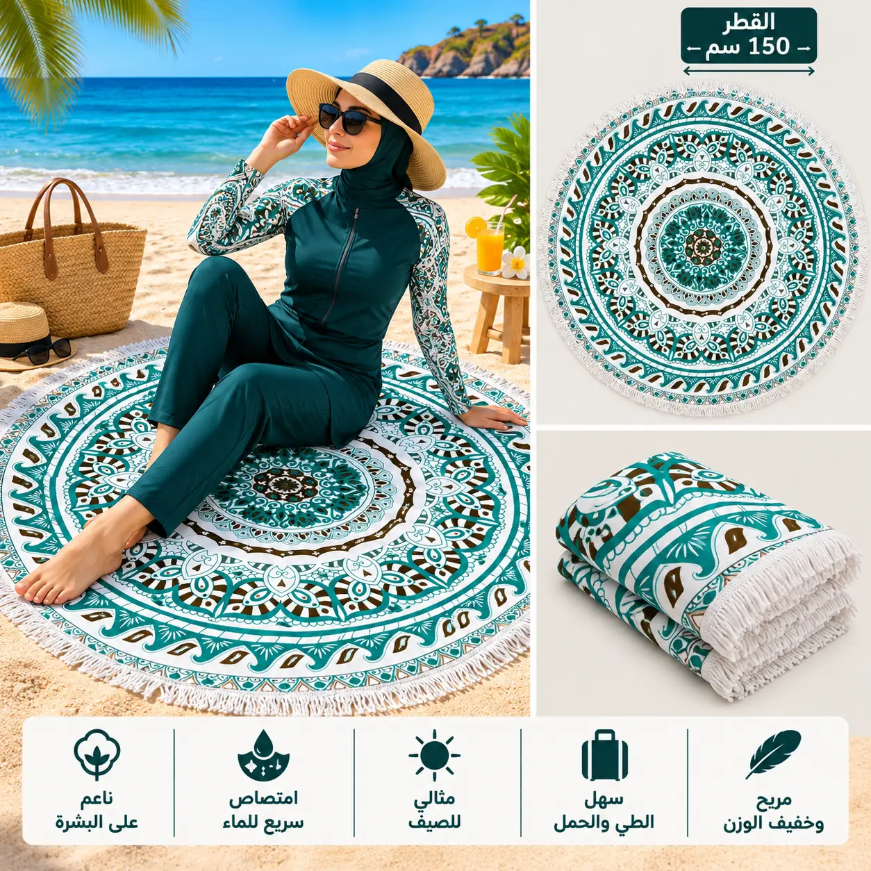 SERVIETTE DE PLAGE100% COTTON, RONDE 150CM